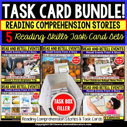 Reading Comprehension Task Cards READ and RETELL Bundle for Special Education
